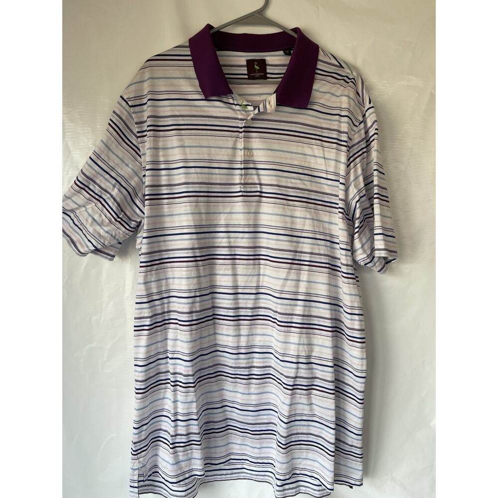 Tailorbyrd White Purple Blue Pink Striped Polo Golf Shirt 2XLT 100% Cotton